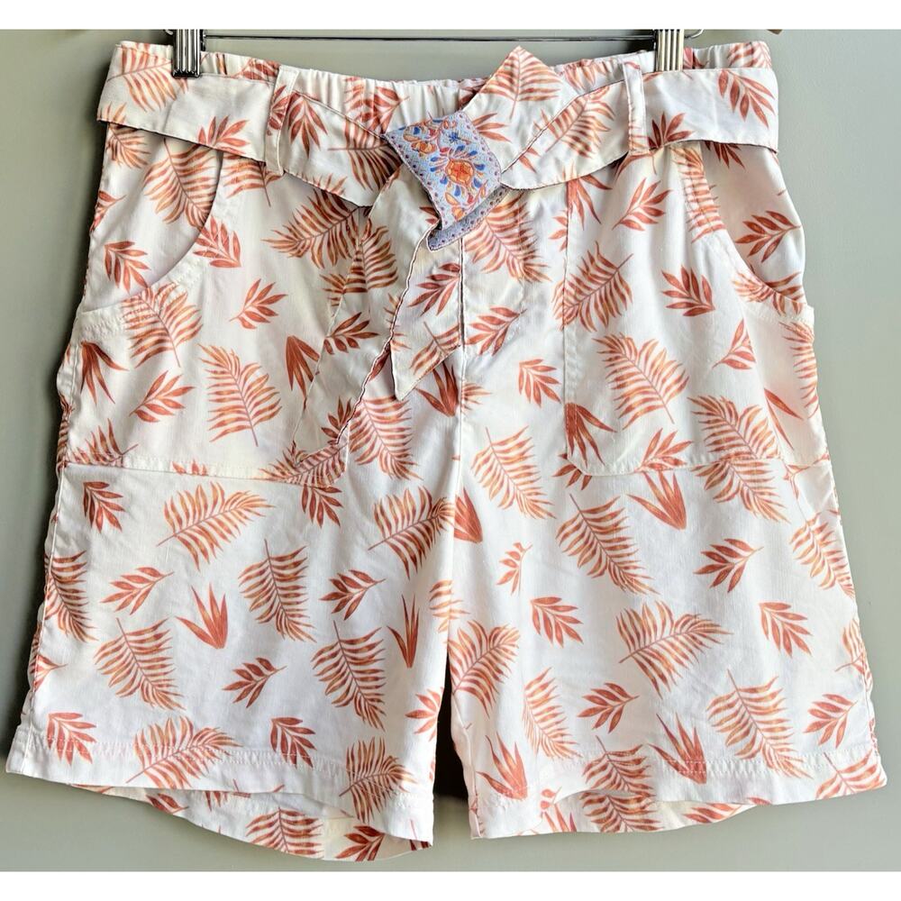 SOFT SURROUNDINGS Tropical Leaf Print Linen Shorts Elastic Waist Belt Boho M